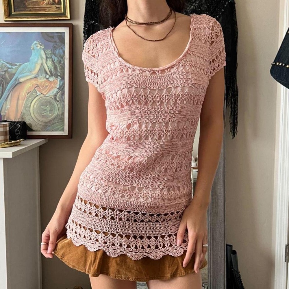 Rene Margo Vintage Pink Beaded Crochet Short Sleeve Scoop Neck Top Large